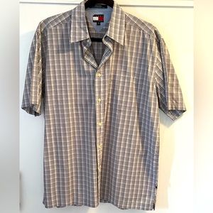 Tommy Hilfiger Black and grey striped button down shirt.  Short sleeved.